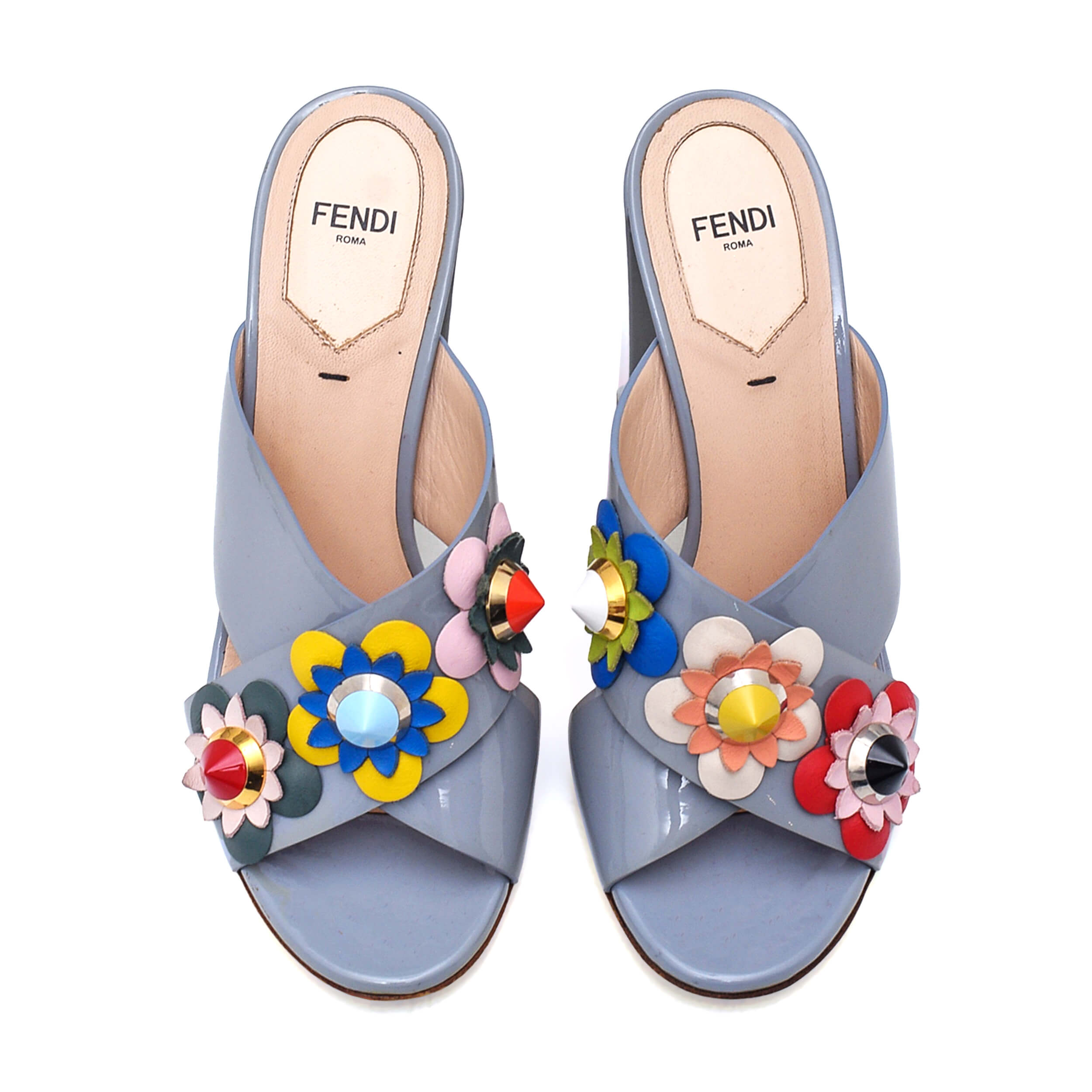 Fendi - Grey Leather Flowerland Block Heel Slide Sandals Size 37.5